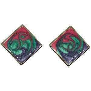 Vintage Square Marbled Enamel Clip-On Earrings Gold Tone Purple Green Pink